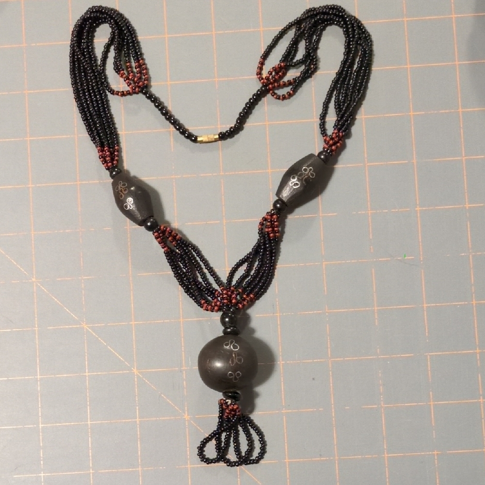 Elegant Black and Red Wood and Seed Beads Beaded Necklace